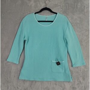 Lulu-B Women Aqua Blue 3/4 Sleeve Waffle Knit Sweater Top Pocket Toggle Size L